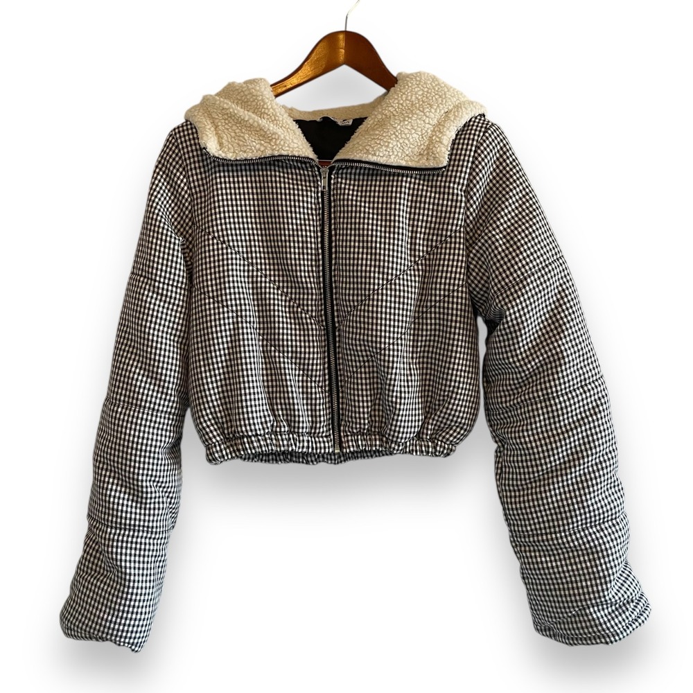 Princess Polly Gingham Cropped Puffer Jacket Sherpa Hood Black White‎ M/L